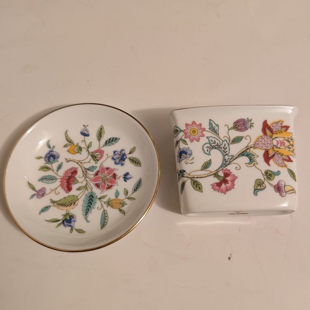 Minton Haddon Hall bone china toothpick holder and trinket dish set